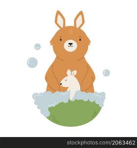 Vector illustration of a cute kangaroo mom washing her baby. Adorable australian animal in a trendy flat style. Vector illustration of a cute kangaroo mom washing her baby. Adorable australian animal.