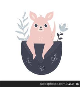 Vector illustration of a cute kangaroo sitting in a little pocket. Adorable animal for prints, frame arts, wall designs. Vector illustration of a cute kangaroo sitting in a little pocket