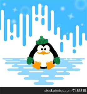 Vector illustration of a cute little penguin in a green knitted woolen hat and green mittens on winter abstract striped background.