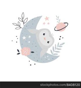 Vector illustration of a cute owl on a moon. Cute composition with adorable animal. Adorable animal for prints, frame arts, wall designs. Vector illustration of a cute owl on a moon. Cute composition with adorable animal.