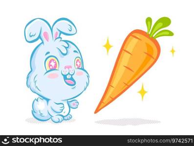 Vector illustration of a cute rabbit and carrot for Chinese new year of 2023. Vector kawaii rabbit for 2023 year. Baby bunny emoji for Chinese new year.