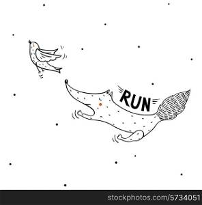 vector illustration of a cute running fox and a flying bird