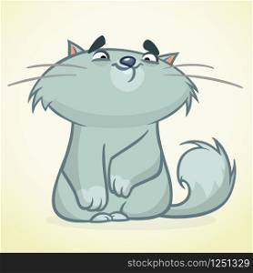 Vector illustration of a cute smiling blue fat cat. Fat stripped cat cartoon