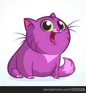 Vector illustration of a cute smiling purple fat cat. Fat striped cat cartoon