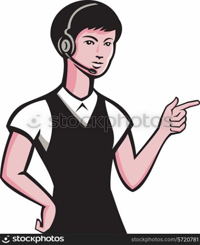 vector illustration of a dark-haired brunette caucasian young petite female with headset pointing finger set on isolated white background.