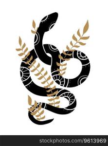 Vector illustration of a decorative swirled snake with stems and foliage. Tracery anaconda clipart with natural decoration. Boho image of serpent for sticker, card and tattoo