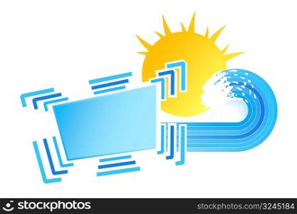 Vector illustration of a design element with retro lined waves, stylized happy sun silhouette and banner or sign for custom text.