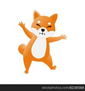 Vector illustration of a dog similar to the Shiba Inu cryptocurrency isolate. Shib dog is standing and waving his paw or hand, dancing