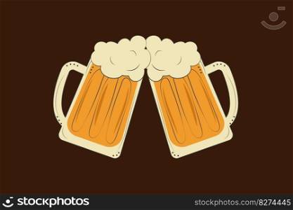 Vector illustration of a doodle style two glass toasting mugs with beer, cheers beer glasses. Print, template, design element 