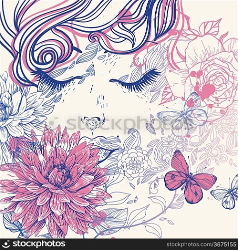 vector illustration of a dreaming girl and blooming flowers