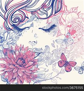 vector illustration of a dreaming girl and blooming flowers
