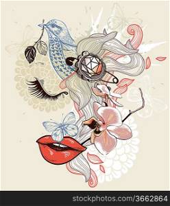 vector illustration of a dreaming girl, flowers and a blue bird