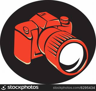 vector illustration of a dslr digital camera viewed from front at a high angle set in black background done in retro style.. DSLR digital camera front retro