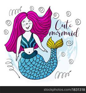 Vector illustration of a fabulous mermaid. Cartoon character for cards, banners, children&rsquo;s books. Seaweed, corals, shells. Cute mermaid. Vector illustration, ocean, underwater world, marine clipart