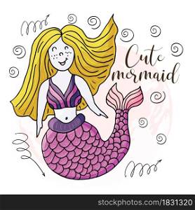 Vector illustration of a fabulous mermaid. Cartoon character for cards, banners, children&rsquo;s books. Seaweed, corals, shells. Cute. Vector illustration, ocean, underwater world, marine clipart