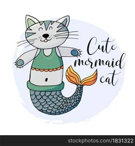 Vector illustration of a fabulous mermaid. Cartoon character for cards, flyers, banners, children&rsquo;s books. Print for t-shirts. Seaweed, corals, shells. Cat Mermaid. Vector illustration, ocean, underwater world, marine clipart