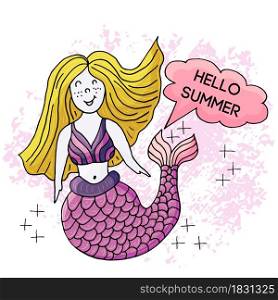 Vector illustration of a fabulous mermaid. Cartoon character for cards, flyers, banners, children&rsquo;s books. Seaweed, corals, shells. Cute mermaid. Hello summer. Vector illustration, ocean, underwater world, marine clipart