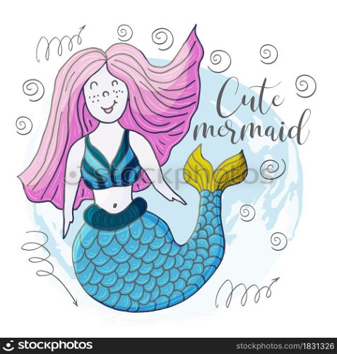 Vector illustration of a fabulous mermaid. Cartoon character for cards, flyers, banners, children&rsquo;s books. Seaweed, corals, shells. Cute mermaid. Vector illustration, ocean, underwater world, marine clipart
