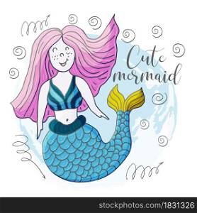 Vector illustration of a fabulous mermaid. Cartoon character for cards, flyers, banners, children&rsquo;s books. Seaweed, corals, shells. Cute mermaid. Vector illustration, ocean, underwater world, marine clipart