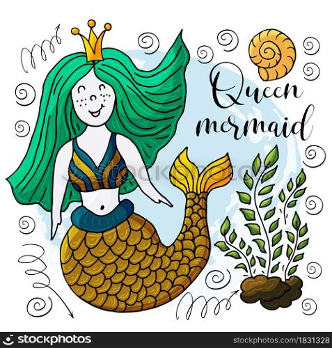 Vector illustration of a fabulous mermaid. Cartoon character for cards, flyers, banners, children&rsquo;s books. Seaweed, corals, shells. Queen mermaid. Vector illustration, ocean, underwater world, marine clipart