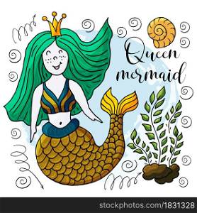 Vector illustration of a fabulous mermaid. Cartoon character for cards, flyers, banners, children&rsquo;s books. Seaweed, corals, shells. Queen mermaid. Vector illustration, ocean, underwater world, marine clipart