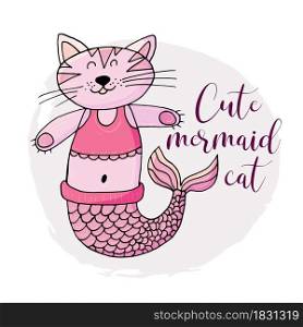 Vector illustration of a fabulous mermaid. Cartoon character for cards, flyers, children&rsquo;s books. Print for t-shirts. Seaweed, corals, shells. Cat Mermaid. Vector illustration, ocean, underwater world, marine clipart