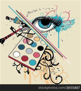 vector illustration of a fantasy blue eye and colorful make up,abstract plants and decorative brashes