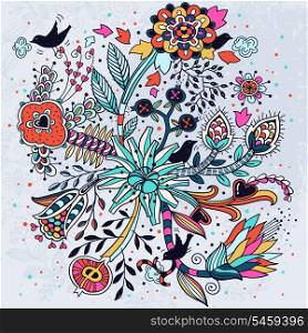 vector illustration of a fantasy colorful tree with fruits,birds and flowers