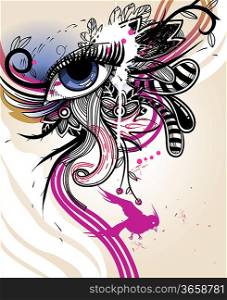 vector illustration of a fantasy eye and a pink bird with abstract plants
