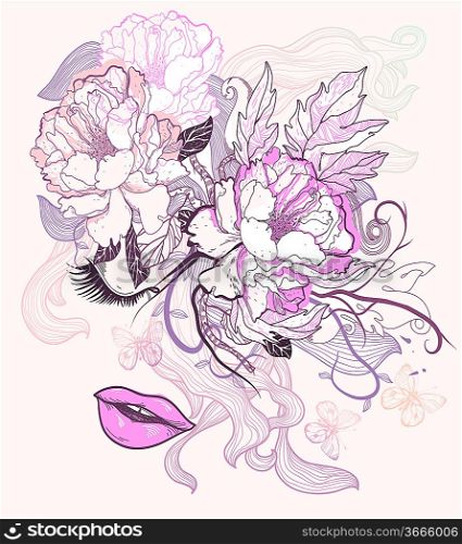 vector illustration of a fantasy face and blooming roses