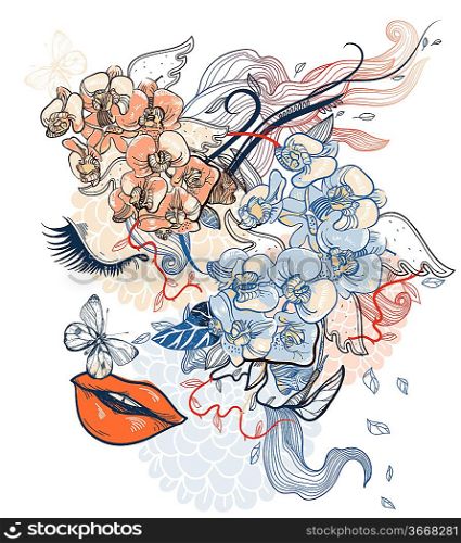 vector illustration of a fantasy face with flowers and butterflies