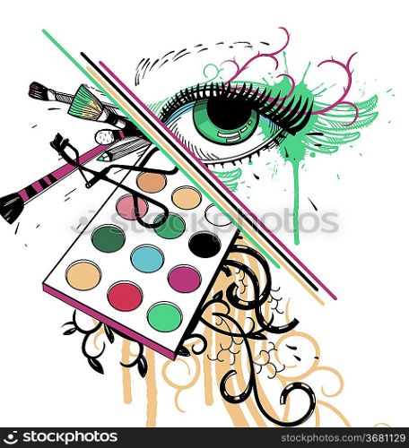 vector illustration of a fantasy green eye and colorful eyeshadow