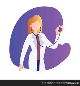 Vector illustration of a female doctor holding a stetoscope inside a purple bubble on a white background