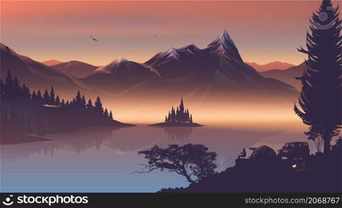 Vector illustration of a fire camp near the lake with beautiful mountains in the morning