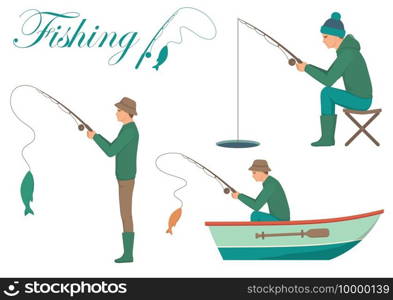 Vector illustration of a  fisherman icon, man cath fish on fishing rod 