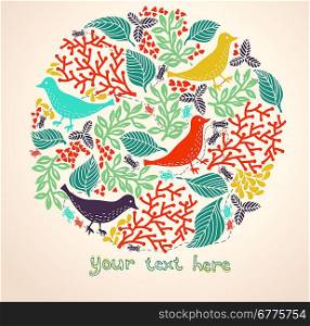 vector illustration of a floral circle with abstract birds and insects