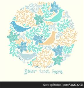 vector illustration of a floral circle with bright plants and birds