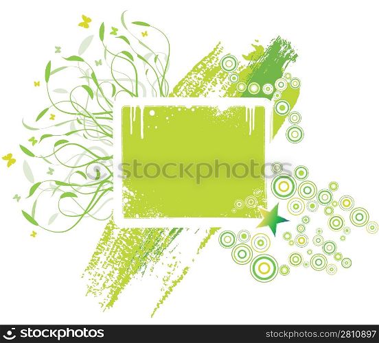 Vector illustration of a floral grungy design element with middle blank placard with copy space.