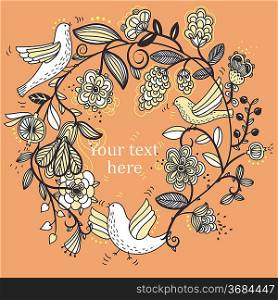 vector illustration of a floral wreath and white doves
