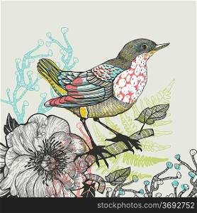 vector illustration of a forest bird and blooming flowers