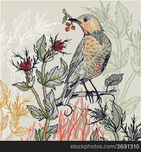 vector illustration of a forest bird with wild plants
