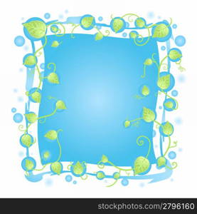 Vector illustration of a fresh floral frame design with leaf vines border, blurred blue drops and funky details around the banner.