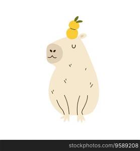 Vector illustration of a funny capybara and an orange on her nose. Cute animal character design.. Vector illustration of a funny capybara and an orange on her nose