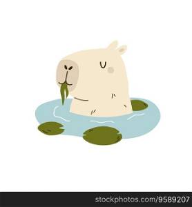 Vector illustration of a funny capybara sitting in a pond with a water lilies. Animal character design isolated on white background.. Vector illustration of a funny capybara sitting in a pond with a water lilies