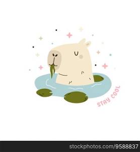 Vector illustration of a funny capybara sitting in a pond with water lilies and text stay cool. Vector illustration of a funny capybara sitting in a pond with water lilies