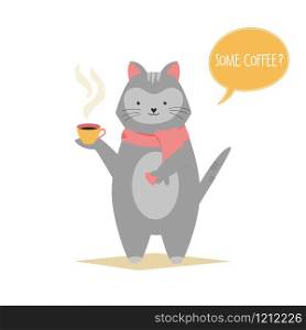 Vector illustration of a funny cat holding a cup coffee. Flat cartoon animal character. Funny cat holding a cup coffee, animal character