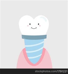 Vector illustration of a funny dental implant. Image of a happy tooth.. Vector illustration of a funny dental implant