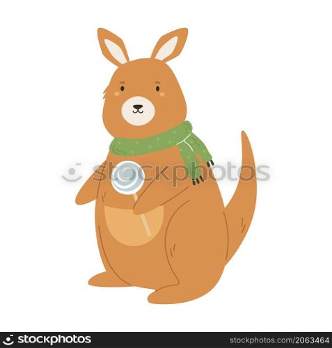 Vector illustration of a funny kangaroo in a scarf and with lollipop. Adorable australian animal in a trendy flat style. Vector illustration of a funny kangaroo in a scarf and with lollipop