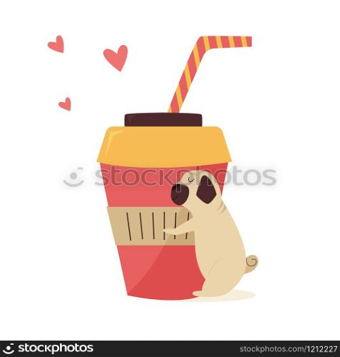 Vector illustration of a funny pug dog hugging a cup coffee. Flat cartoon animal character. Funny pug dog hugging a cup coffee