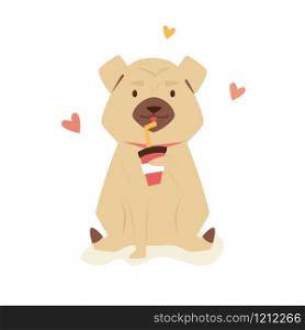 Vector illustration of a funny puppy having a cup coffee. Flat cartoon animal character. Funny pug dog having a cup coffee